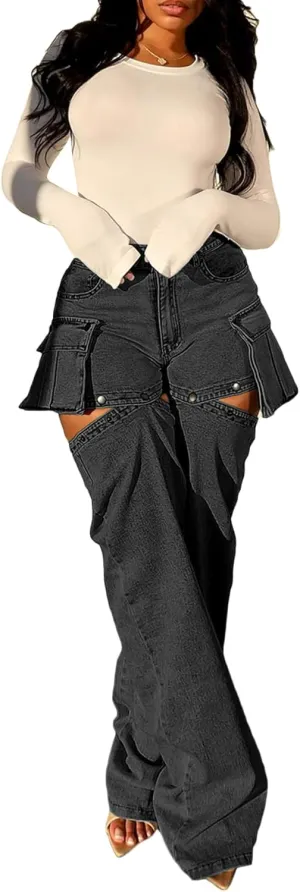 HuiSiFang Women Cargo High Waisted Jeans Y2K Casual Trendy Cutout Detachable Summer Jean Shorts Streetwear