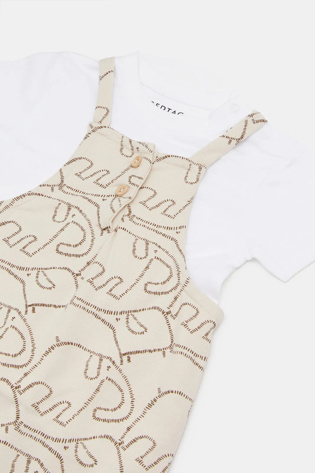Infant Boys White And Beige Elephant Print Dungaree Set (2 Piece)