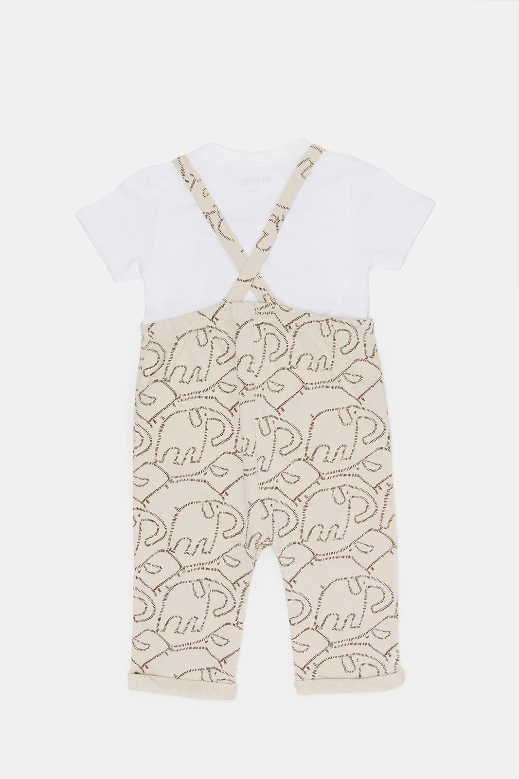 Infant Boys White And Beige Elephant Print Dungaree Set (2 Piece)