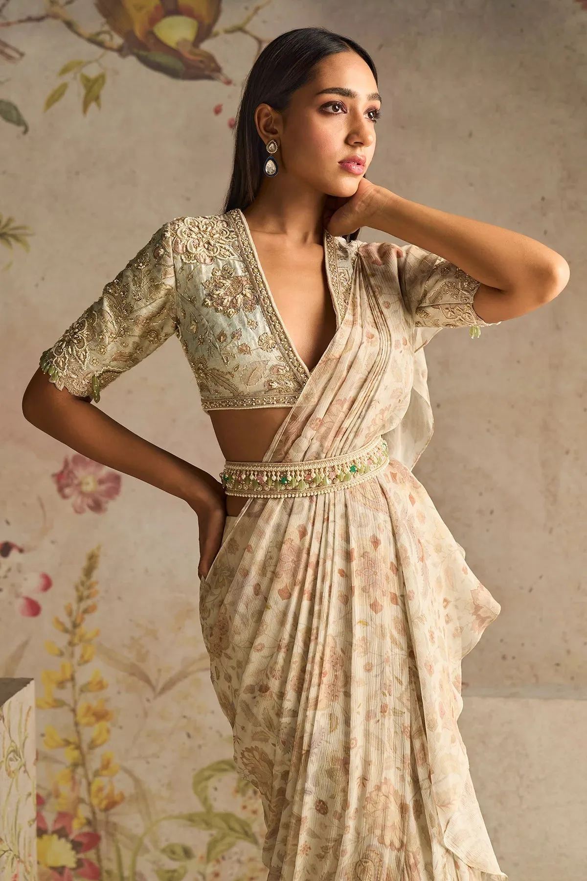 Ivory Printed Chiffon Saree