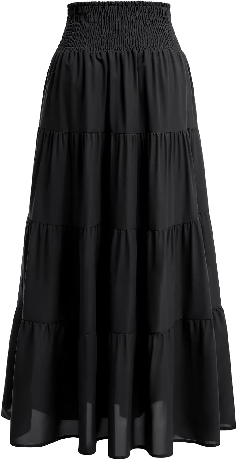 IWEMEK Women Boho Elastic Waist A Line Ruffle Beach Convertible Maxi Skirt Dress Tired Pleated Drawstring Chiffon Long Skirts