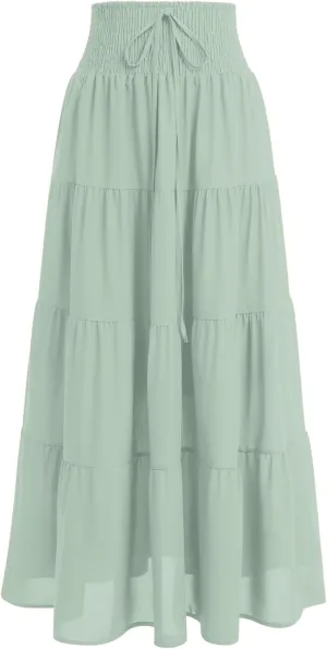 IWEMEK Women Boho Elastic Waist A Line Ruffle Beach Convertible Maxi Skirt Dress Tired Pleated Drawstring Chiffon Long Skirts