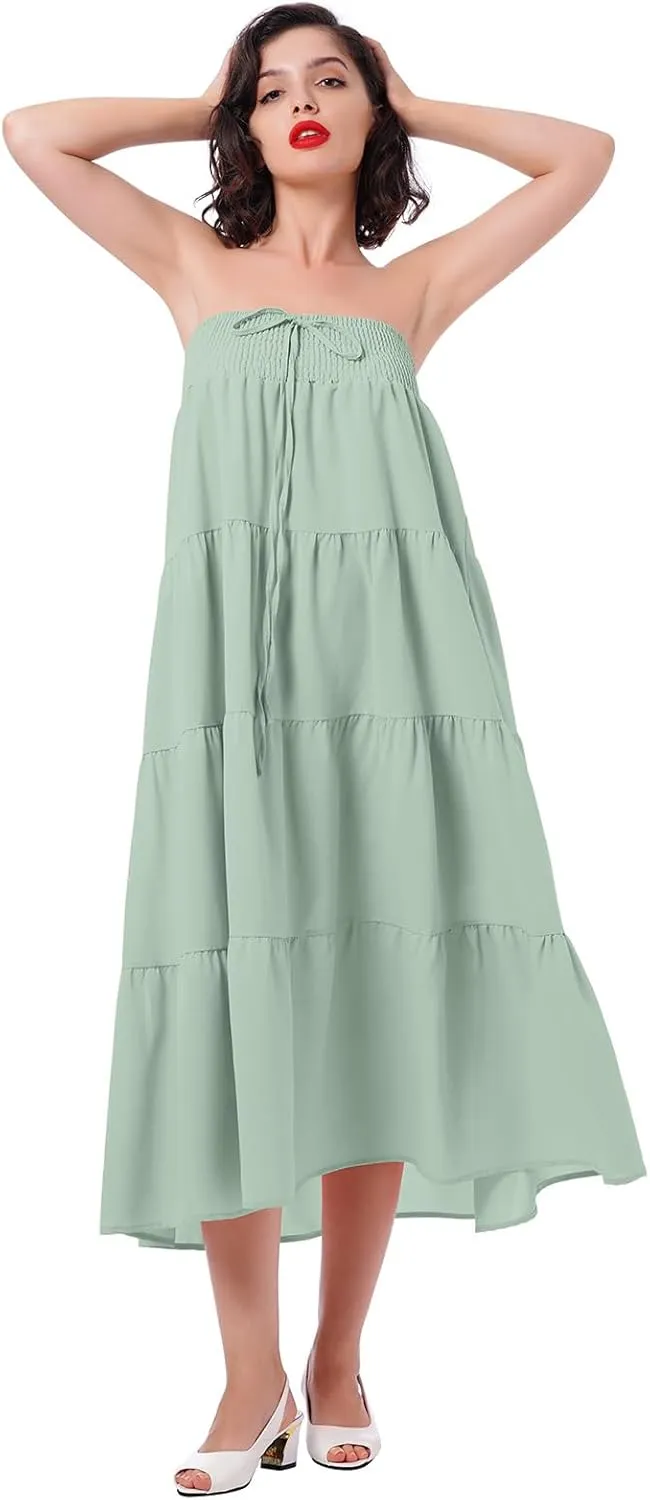 IWEMEK Women Boho Elastic Waist A Line Ruffle Beach Convertible Maxi Skirt Dress Tired Pleated Drawstring Chiffon Long Skirts