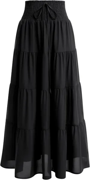 IWEMEK Women Boho Elastic Waist A Line Ruffle Beach Convertible Maxi Skirt Dress Tired Pleated Drawstring Chiffon Long Skirts