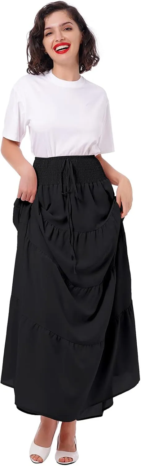 IWEMEK Women Boho Elastic Waist A Line Ruffle Beach Convertible Maxi Skirt Dress Tired Pleated Drawstring Chiffon Long Skirts
