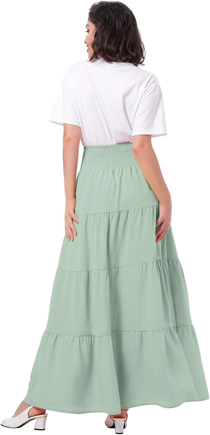 IWEMEK Women Boho Elastic Waist A Line Ruffle Beach Convertible Maxi Skirt Dress Tired Pleated Drawstring Chiffon Long Skirts