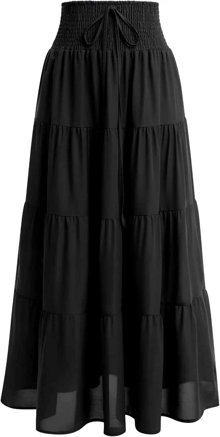 IWEMEK Women Boho Elastic Waist A Line Ruffle Beach Convertible Maxi Skirt Dress Tired Pleated Drawstring Chiffon Long Skirts