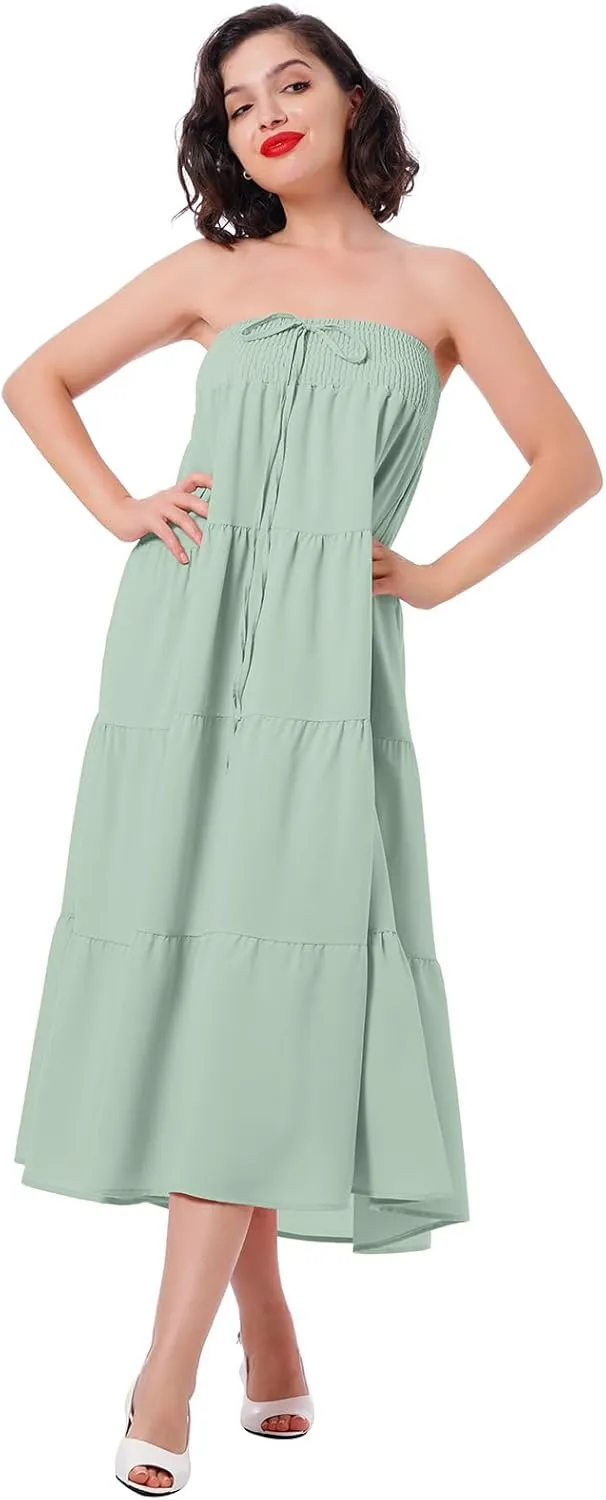 IWEMEK Women Boho Elastic Waist A Line Ruffle Beach Convertible Maxi Skirt Dress Tired Pleated Drawstring Chiffon Long Skirts
