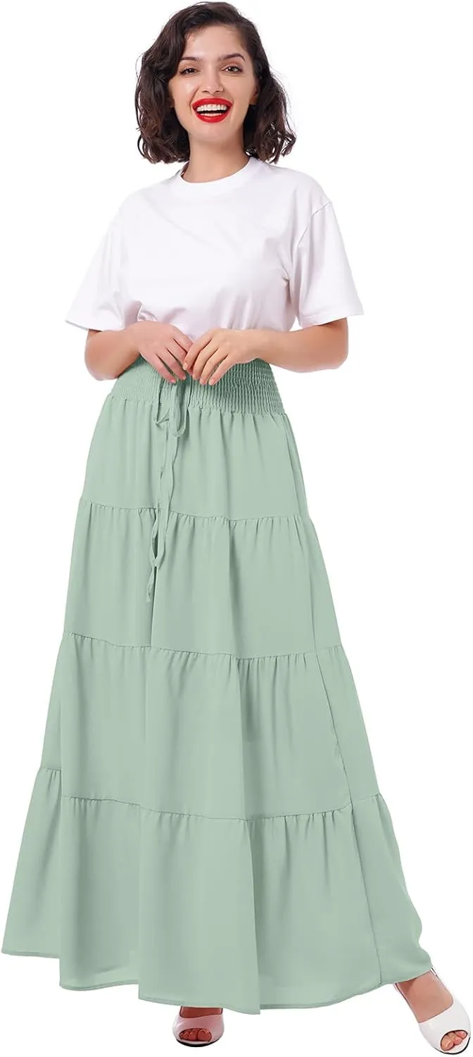 IWEMEK Women Boho Elastic Waist A Line Ruffle Beach Convertible Maxi Skirt Dress Tired Pleated Drawstring Chiffon Long Skirts