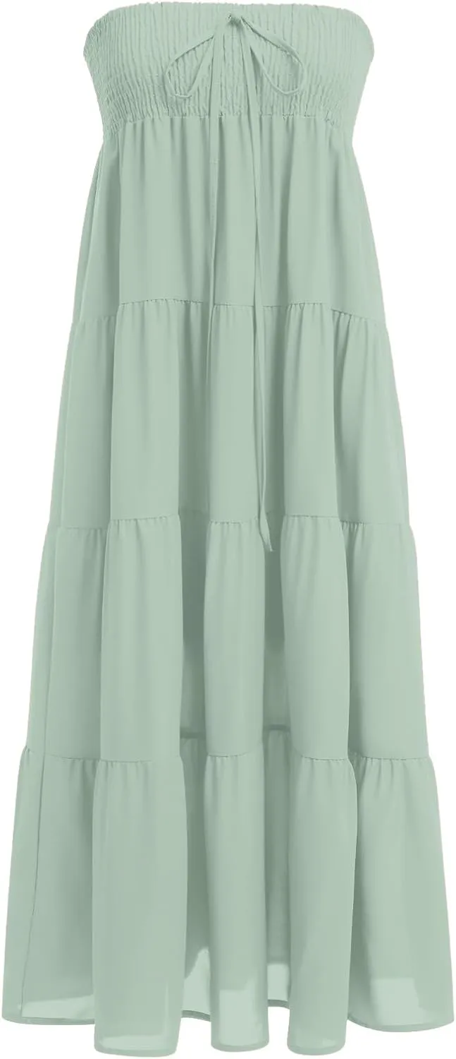 IWEMEK Women Boho Elastic Waist A Line Ruffle Beach Convertible Maxi Skirt Dress Tired Pleated Drawstring Chiffon Long Skirts