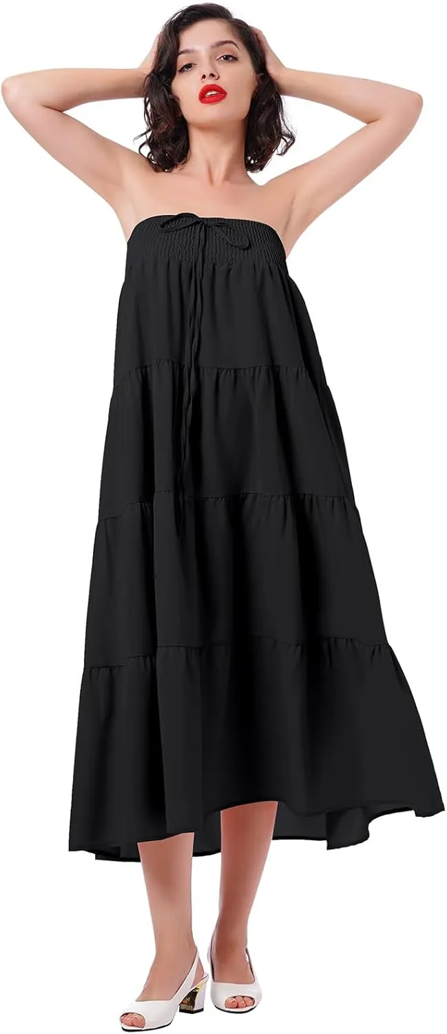 IWEMEK Women Boho Elastic Waist A Line Ruffle Beach Convertible Maxi Skirt Dress Tired Pleated Drawstring Chiffon Long Skirts
