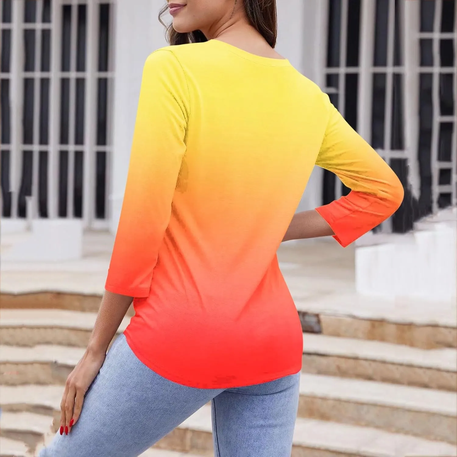 JOAU Women's 3/4 Sleeve Henley Shirts Summer Trendy Gradient V-Neck Tops 2024 Casual Loose Fit Daily Button Blouse Tunic