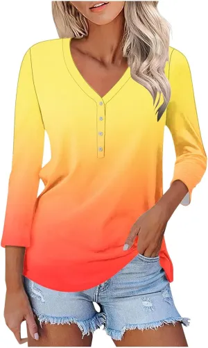 JOAU Women's 3/4 Sleeve Henley Shirts Summer Trendy Gradient V-Neck Tops 2024 Casual Loose Fit Daily Button Blouse Tunic