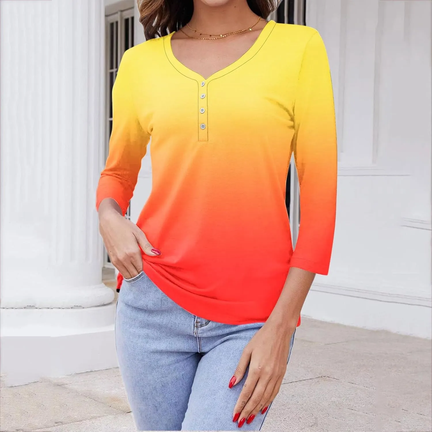 JOAU Women's 3/4 Sleeve Henley Shirts Summer Trendy Gradient V-Neck Tops 2024 Casual Loose Fit Daily Button Blouse Tunic