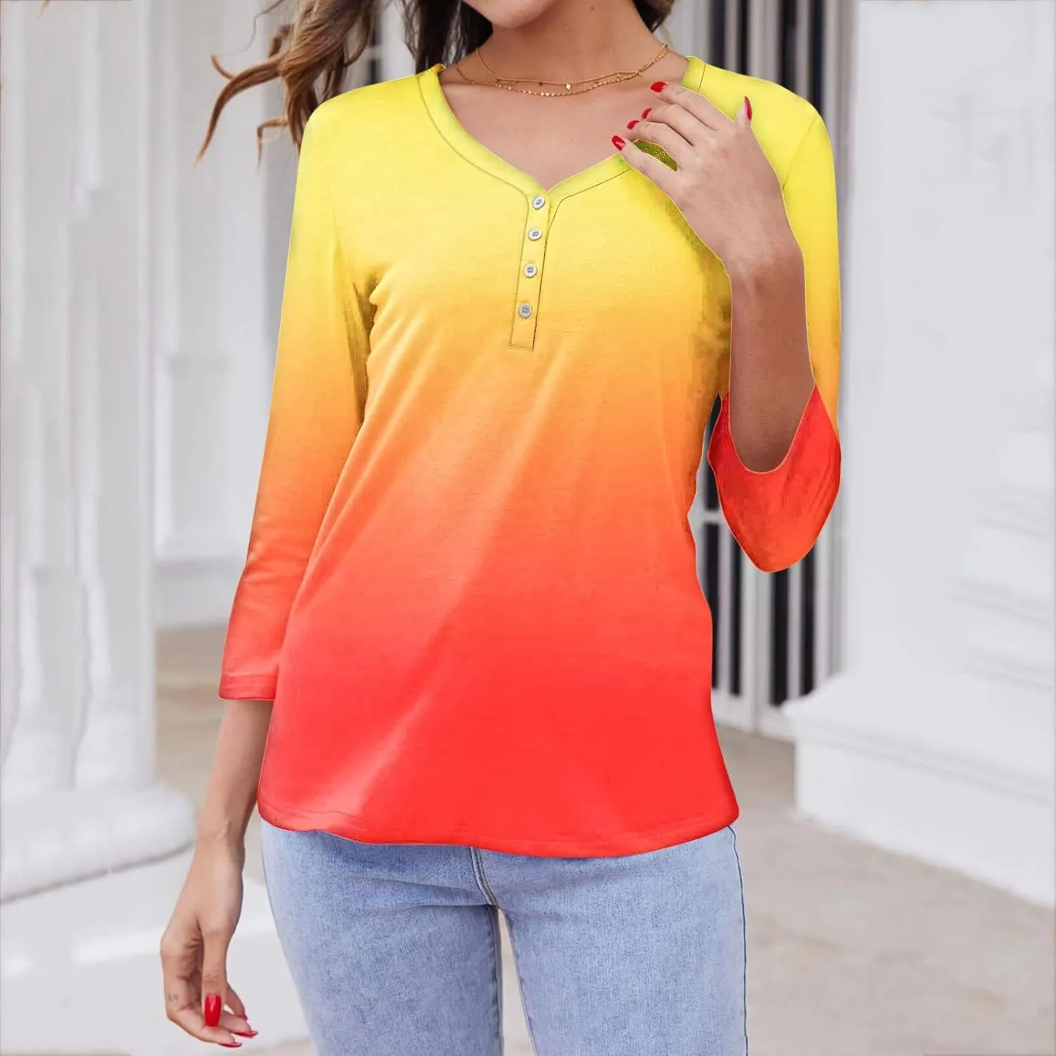 JOAU Women's 3/4 Sleeve Henley Shirts Summer Trendy Gradient V-Neck Tops 2024 Casual Loose Fit Daily Button Blouse Tunic