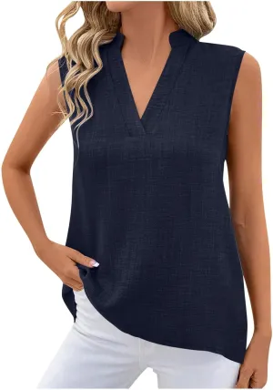 JOAU Womens Cotton Linen Tank Tops Loose V Neck Casual T Shirt Sleeveless Stand Collar Tunic Blouses Summer Basic Tank Shirts