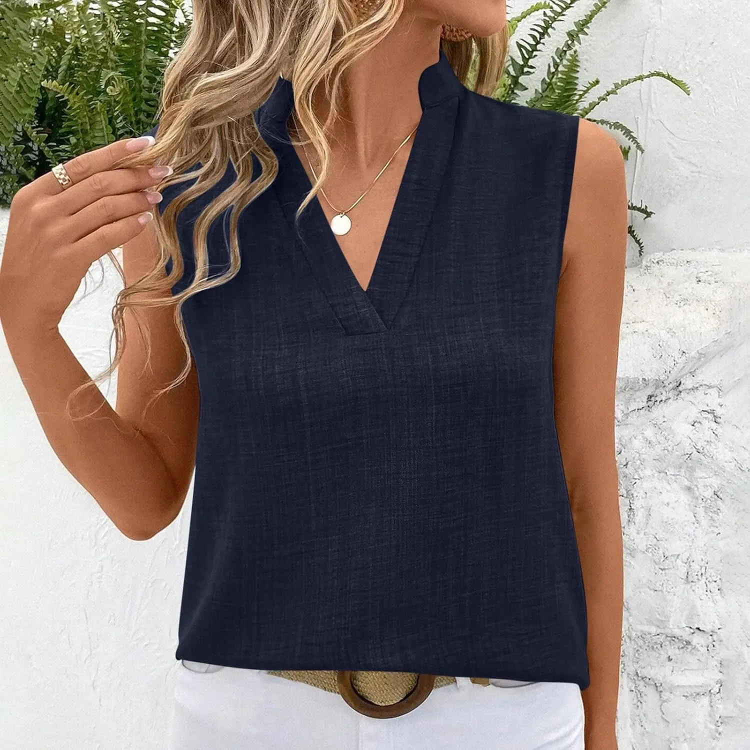 JOAU Womens Cotton Linen Tank Tops Loose V Neck Casual T Shirt Sleeveless Stand Collar Tunic Blouses Summer Basic Tank Shirts