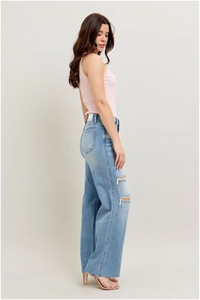 Judy Blue Mid Rise Tummy Control Distressed Wide Leg Jeans, 88933