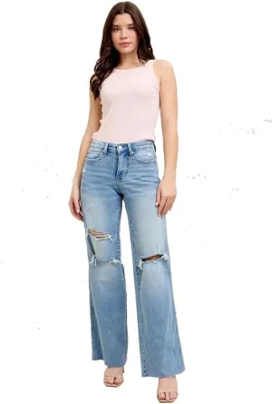 Judy Blue Mid Rise Tummy Control Distressed Wide Leg Jeans, 88933