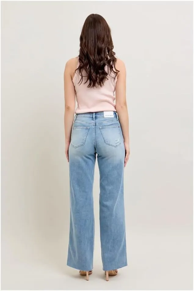 Judy Blue Mid Rise Tummy Control Distressed Wide Leg Jeans, 88933