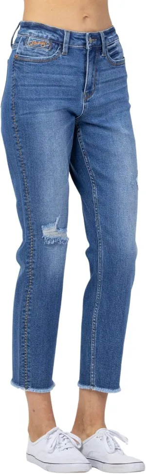 Judy Blue Women's High-Rise Howdy Embroidery Boyfriend Jeans with Side Seam Stitch