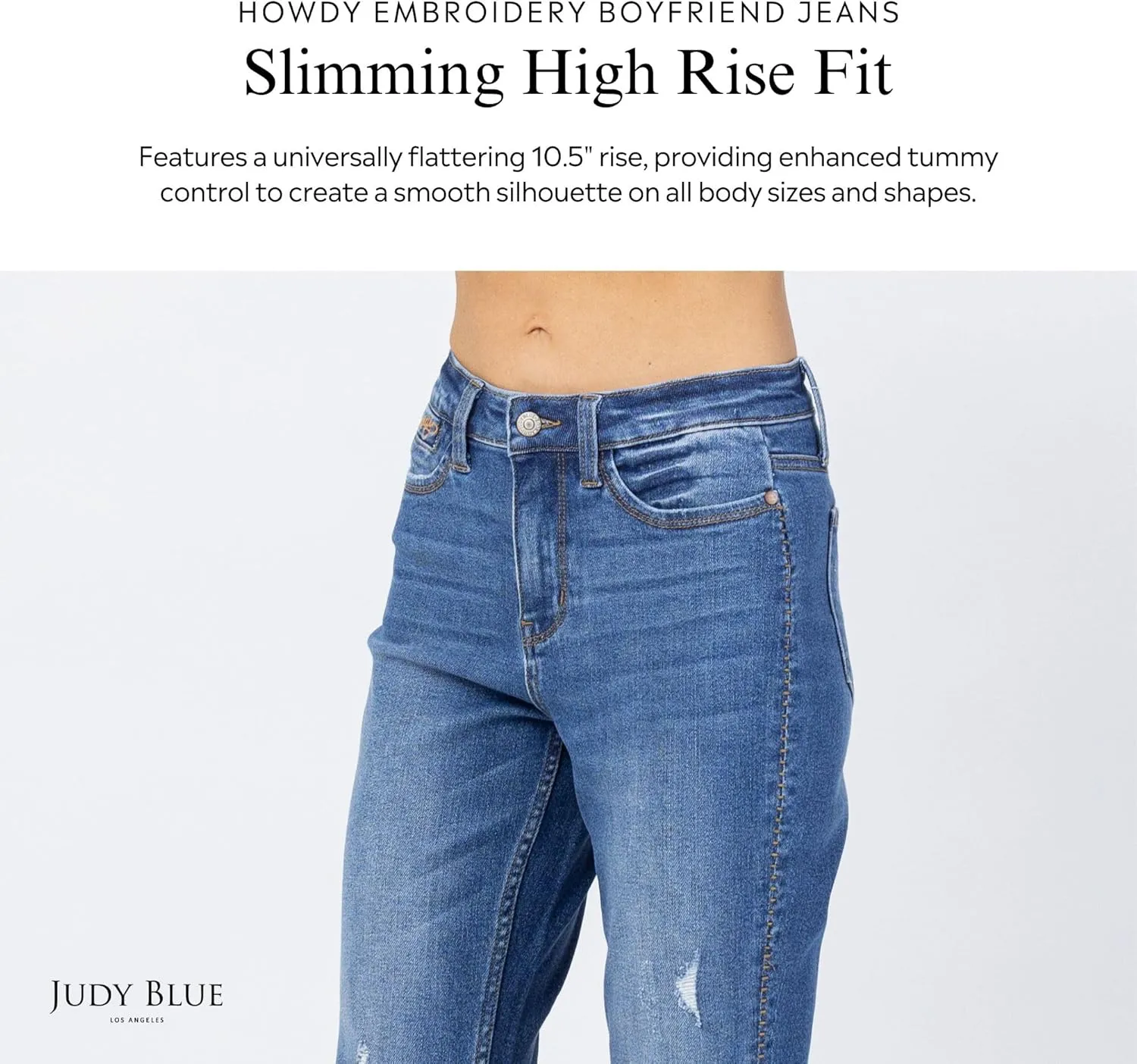 Judy Blue Women's High-Rise Howdy Embroidery Boyfriend Jeans with Side Seam Stitch