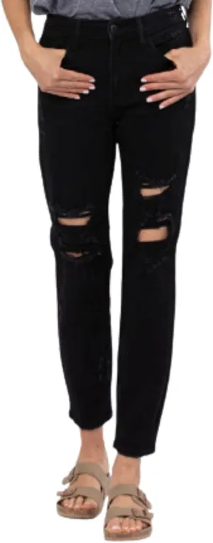Judy Blue Women's High Waist Destroyed Boyfriend Jeans - Stretchy & Comfortable Black Denim 82161-