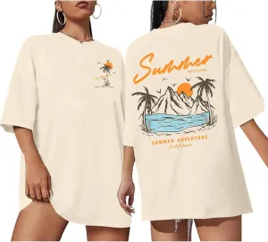 KEEVICI Beach California T Shirts Oversized Beachy Graphic Tees for Women Vintage Shirts Baggy Summer Cotton Vacation Tops