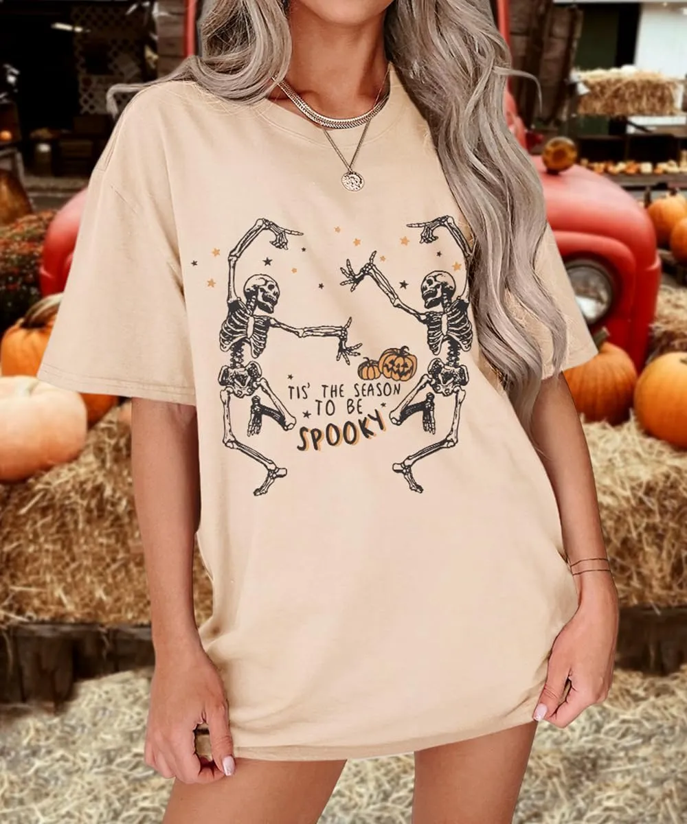 KEKEMI Halloween Dancing Skeleton Tshirts for Women Tis The Season to Be Spooky Shirt Horror Skull Printed Oversized Tee Tops