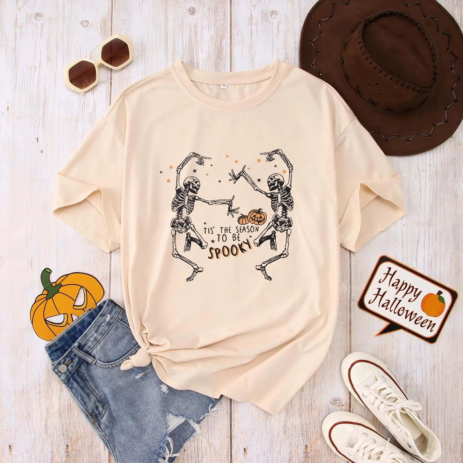 KEKEMI Halloween Dancing Skeleton Tshirts for Women Tis The Season to Be Spooky Shirt Horror Skull Printed Oversized Tee Tops
