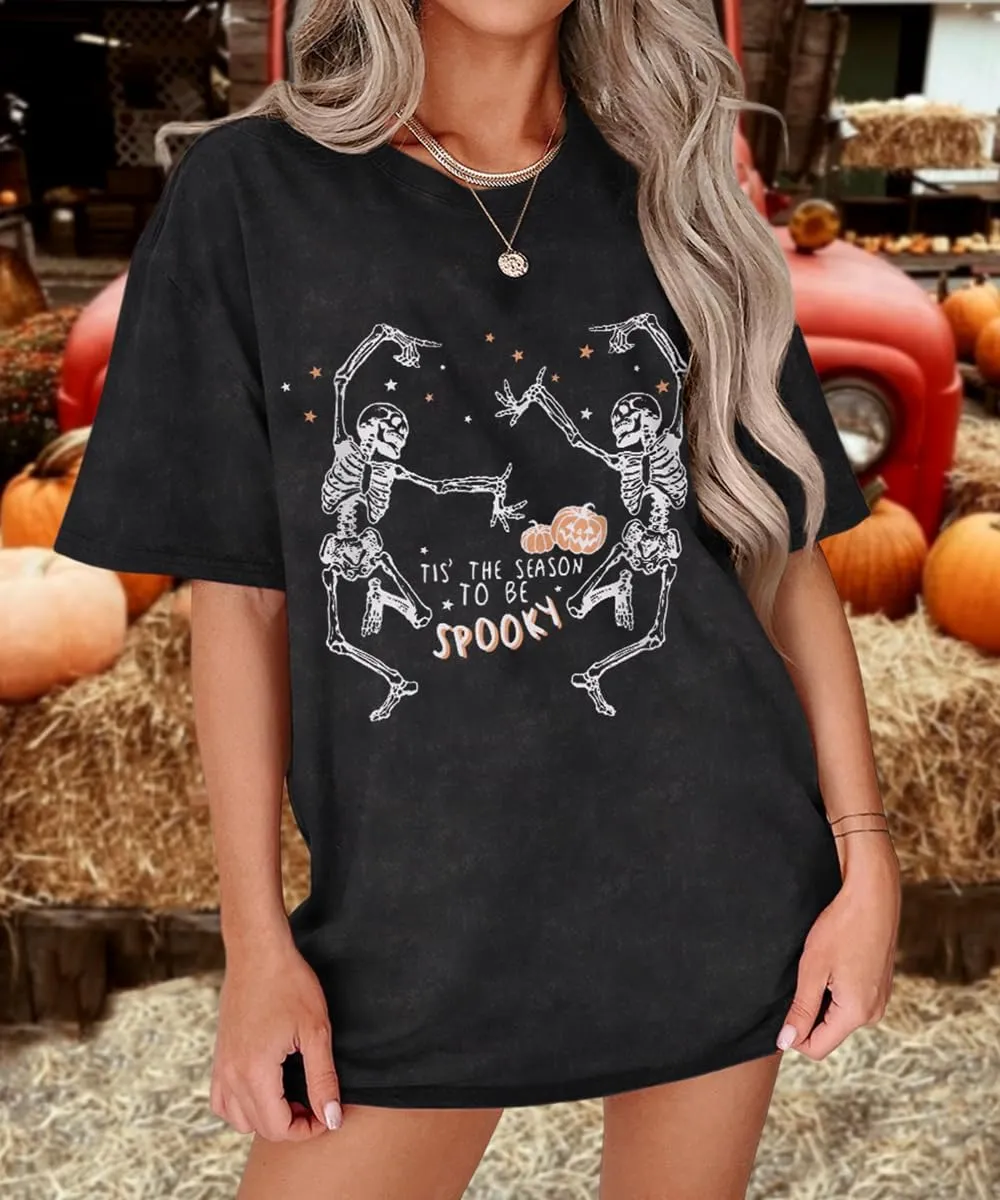 KEKEMI Halloween Dancing Skeleton Tshirts for Women Tis The Season to Be Spooky Shirt Horror Skull Printed Oversized Tee Tops
