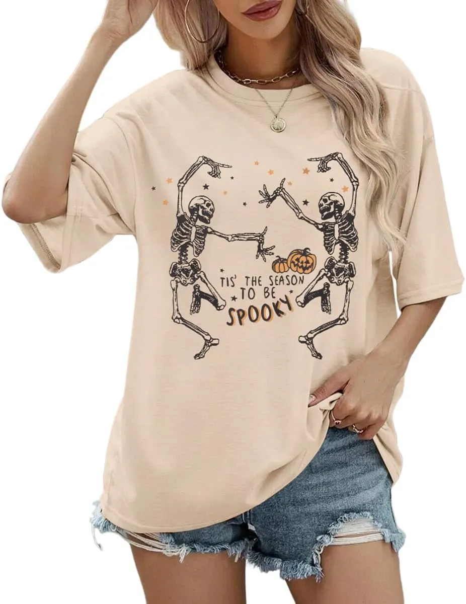 KEKEMI Halloween Dancing Skeleton Tshirts for Women Tis The Season to Be Spooky Shirt Horror Skull Printed Oversized Tee Tops