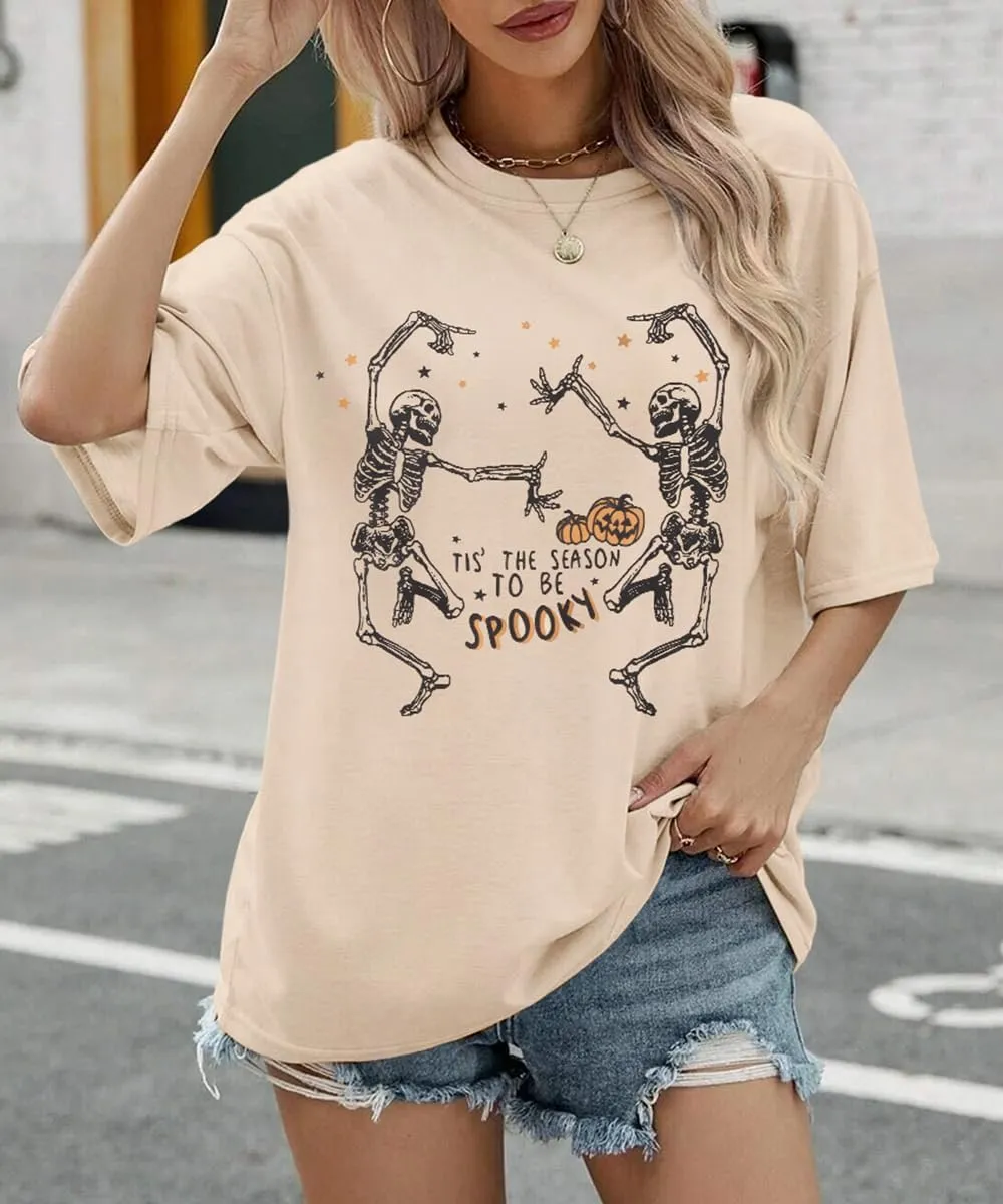 KEKEMI Halloween Dancing Skeleton Tshirts for Women Tis The Season to Be Spooky Shirt Horror Skull Printed Oversized Tee Tops