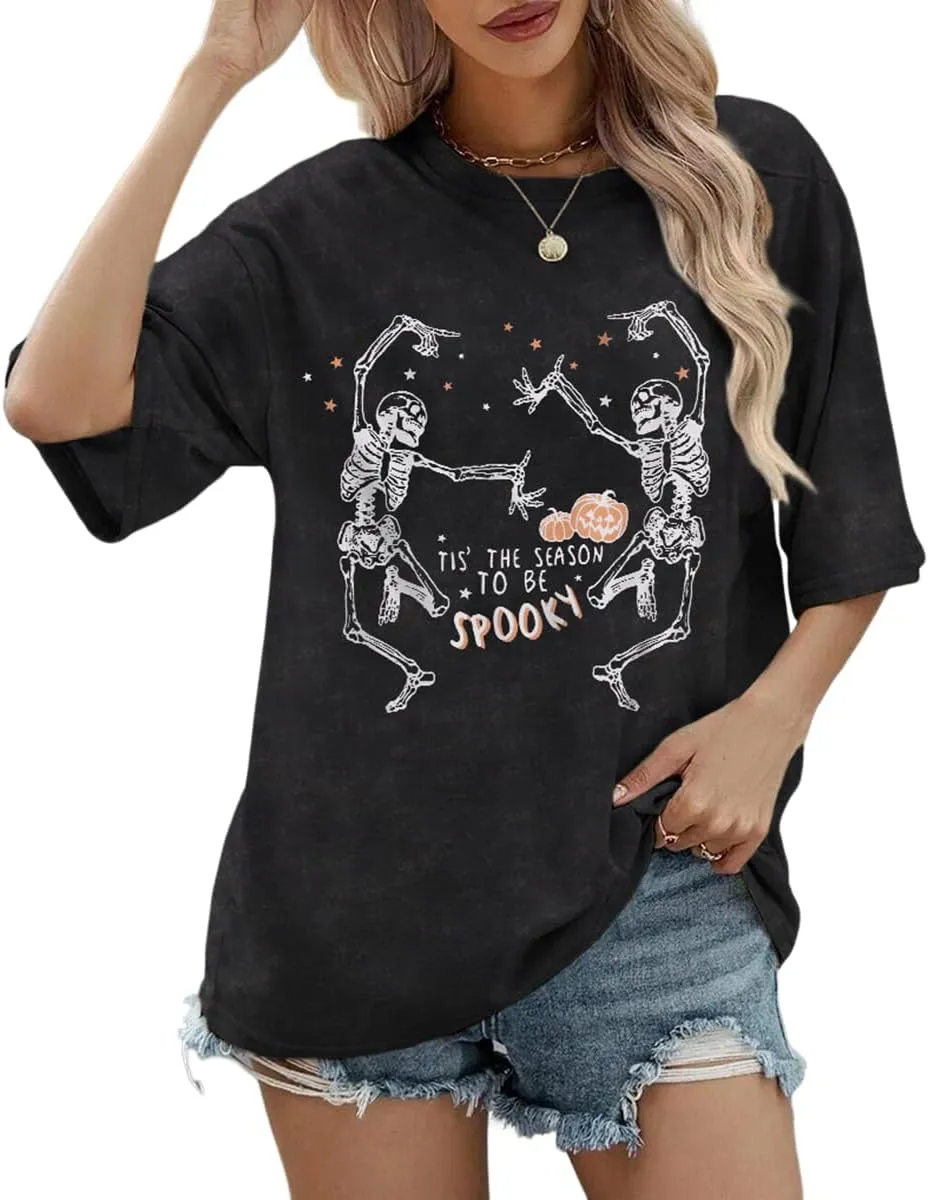KEKEMI Halloween Dancing Skeleton Tshirts for Women Tis The Season to Be Spooky Shirt Horror Skull Printed Oversized Tee Tops