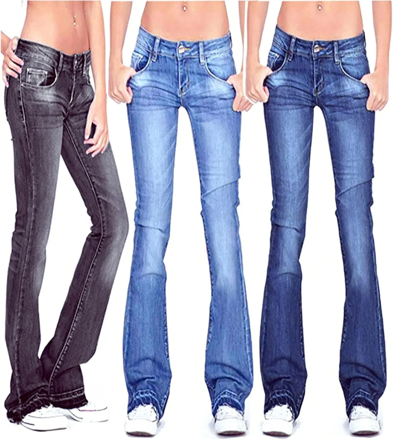Kelsiop Low Rise Black Flared Jeans Women's Casual Retro Skinny Low Rise Boyfriend Jeans
