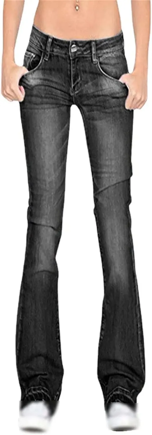 Kelsiop Low Rise Black Flared Jeans Women's Casual Retro Skinny Low Rise Boyfriend Jeans