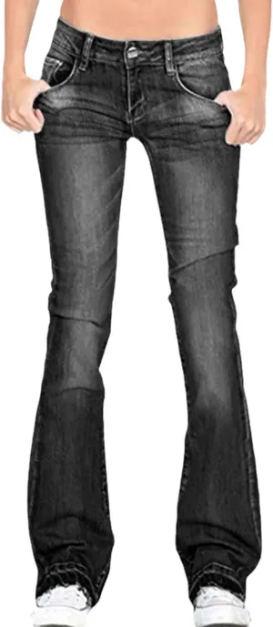 Kelsiop Low Rise Black Flared Jeans Women's Casual Retro Skinny Low Rise Boyfriend Jeans