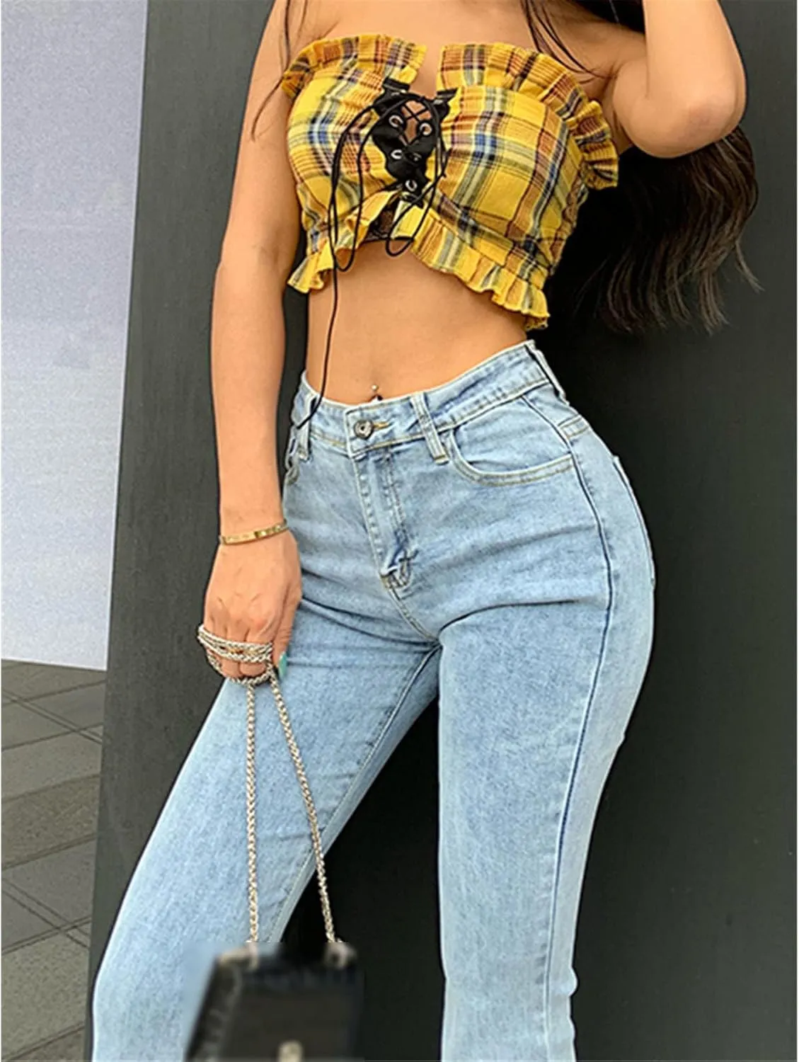Kelsiop Women's Flared Pants Washed Retro Skinny High Waisted Jeans Stretch Slim Fit Pants