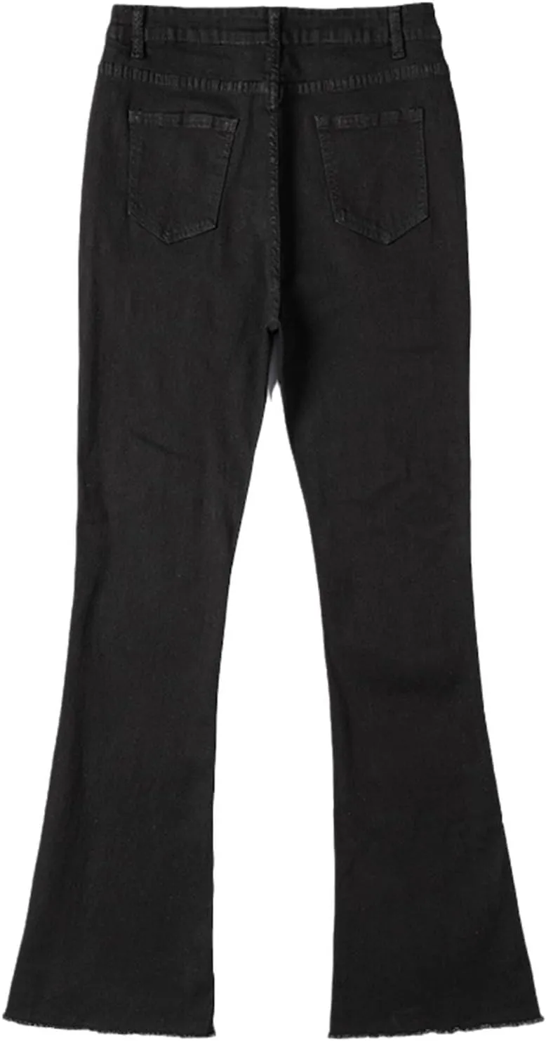 Kelsiop Women's Flared Pants Washed Retro Skinny High Waisted Jeans Stretch Slim Fit Pants