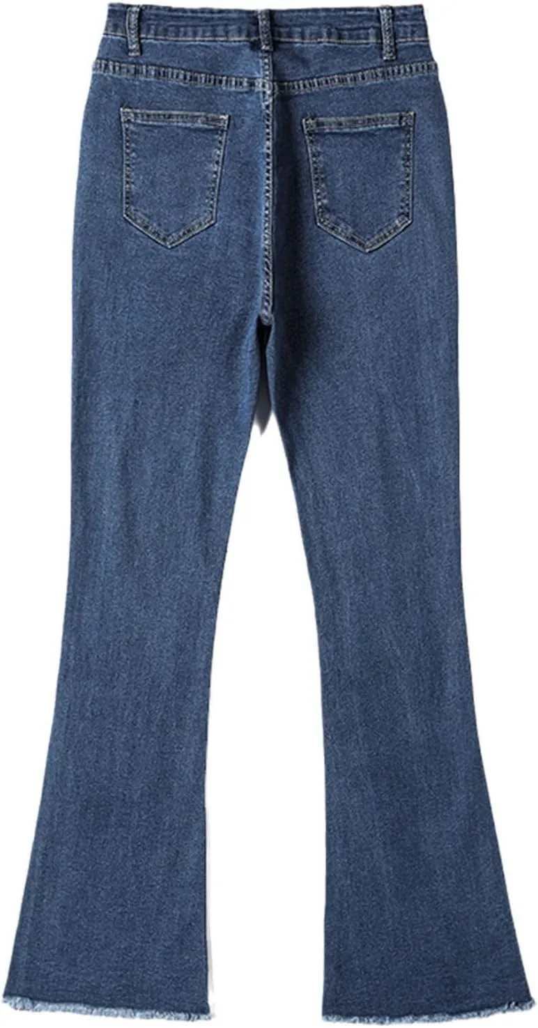 Kelsiop Women's Flared Pants Washed Retro Skinny High Waisted Jeans Stretch Slim Fit Pants