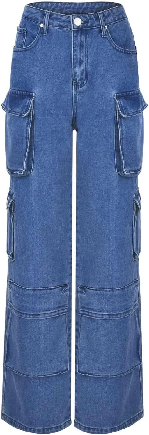 Kingspinner Wide Leg Pants for Women High Waist Elastic Waist with Pockets Loose Casual Bell Bottom Jeans for Women