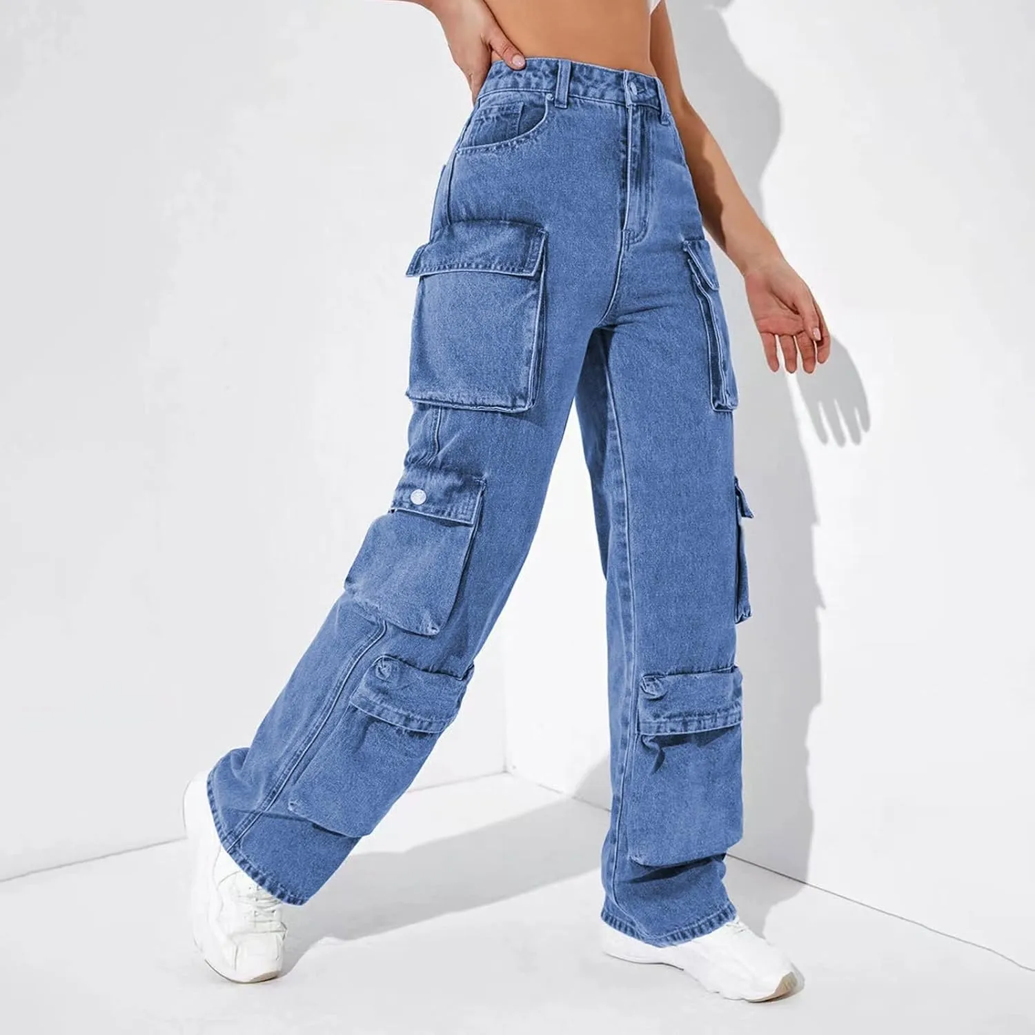 Kingspinner Wide Leg Pants for Women High Waist Elastic Waist with Pockets Loose Casual Bell Bottom Jeans for Women