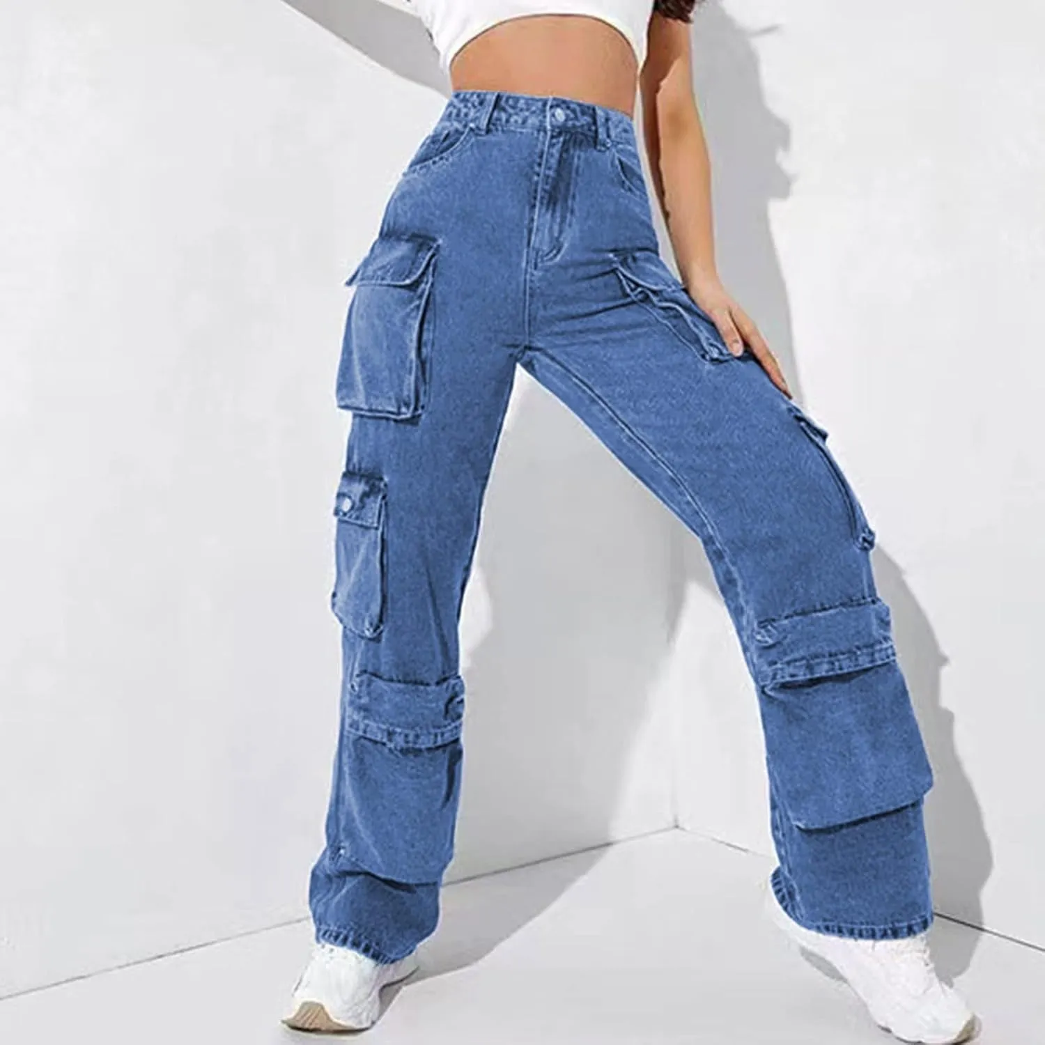Kingspinner Wide Leg Pants for Women High Waist Elastic Waist with Pockets Loose Casual Bell Bottom Jeans for Women