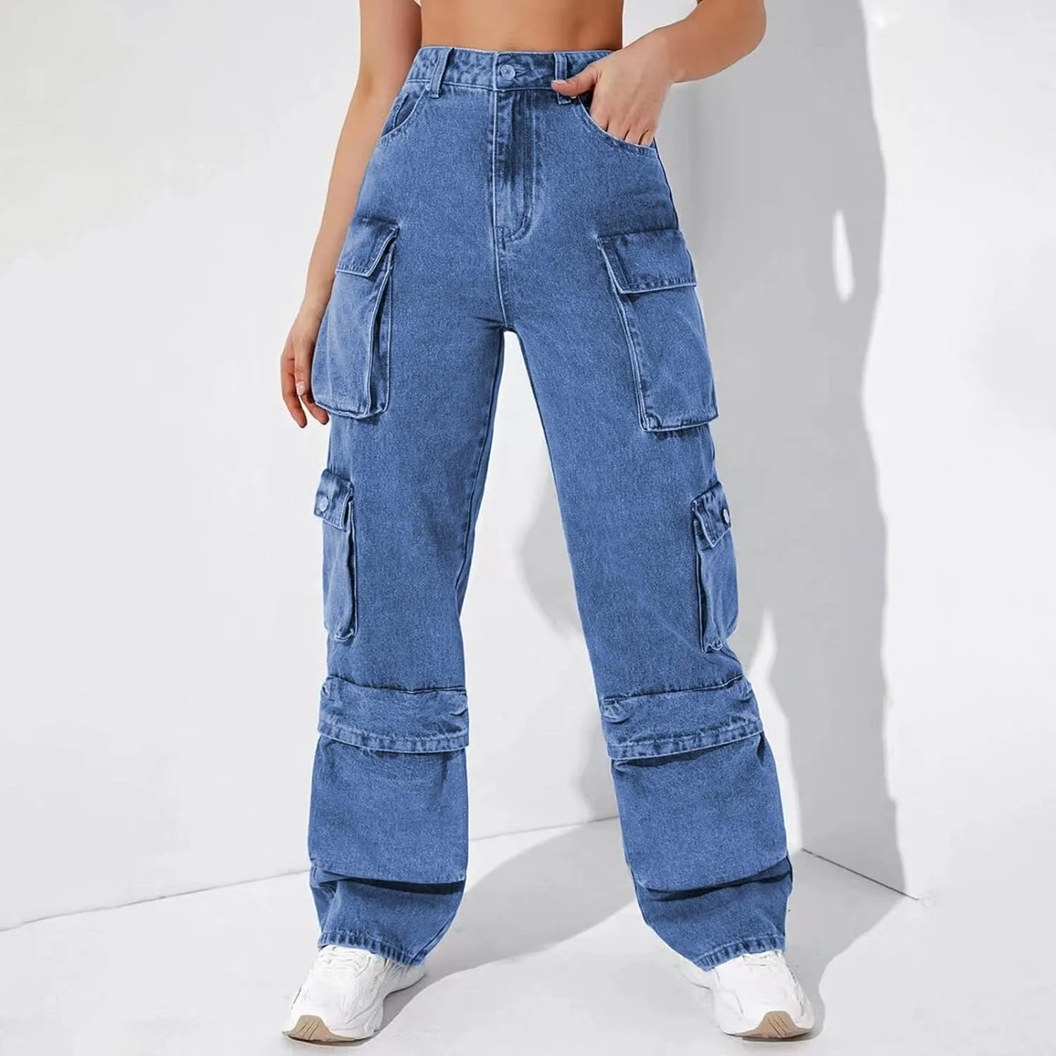 Kingspinner Wide Leg Pants for Women High Waist Elastic Waist with Pockets Loose Casual Bell Bottom Jeans for Women