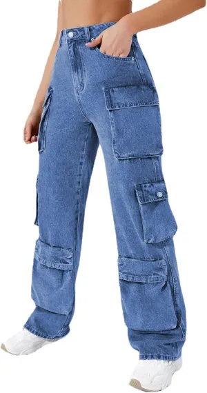 Kingspinner Wide Leg Pants for Women High Waist Elastic Waist with Pockets Loose Casual Bell Bottom Jeans for Women