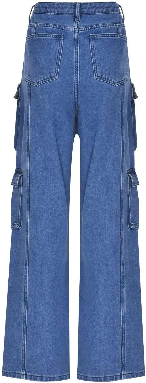 Kingspinner Wide Leg Pants for Women High Waist Elastic Waist with Pockets Loose Casual Bell Bottom Jeans for Women