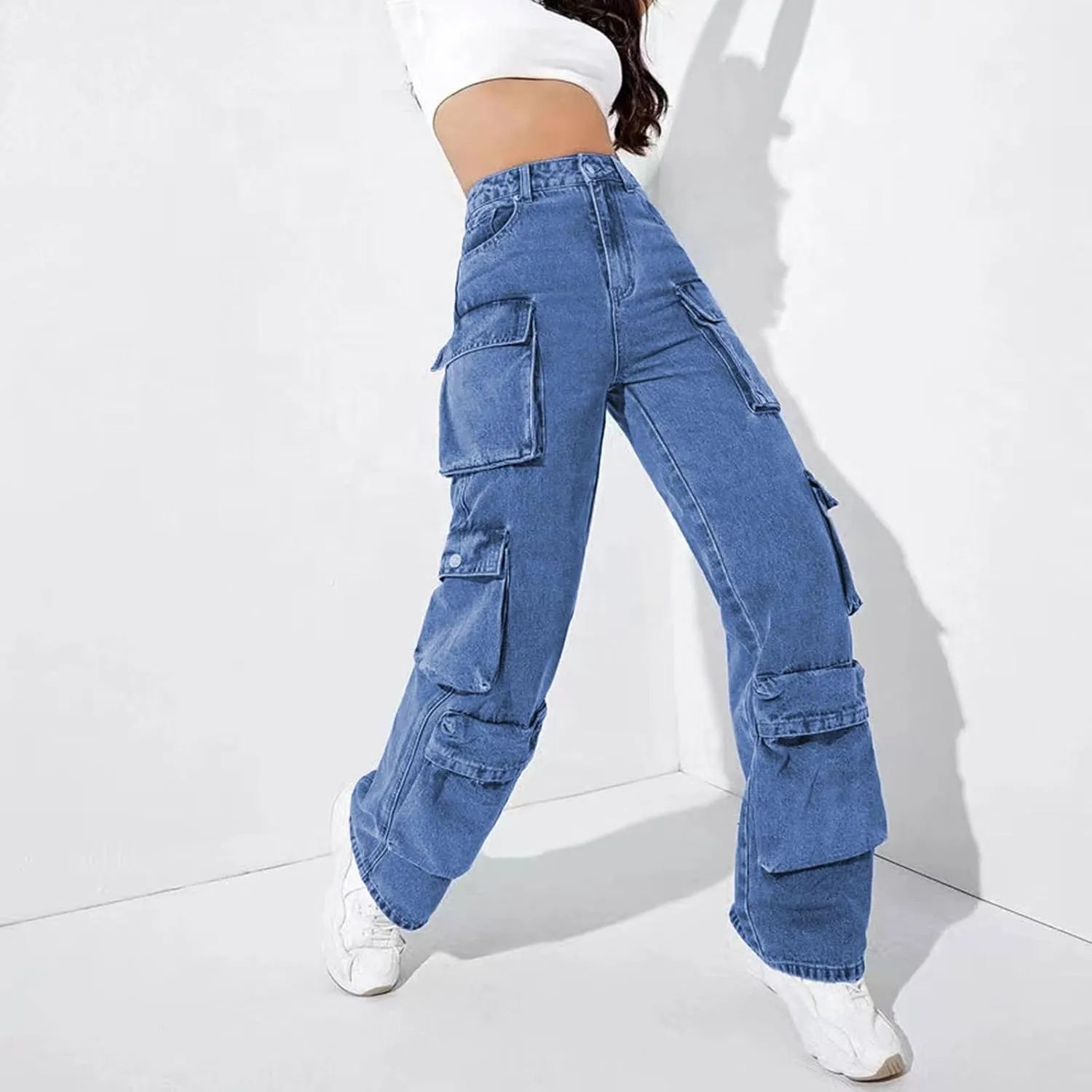 Kingspinner Wide Leg Pants for Women High Waist Elastic Waist with Pockets Loose Casual Bell Bottom Jeans for Women