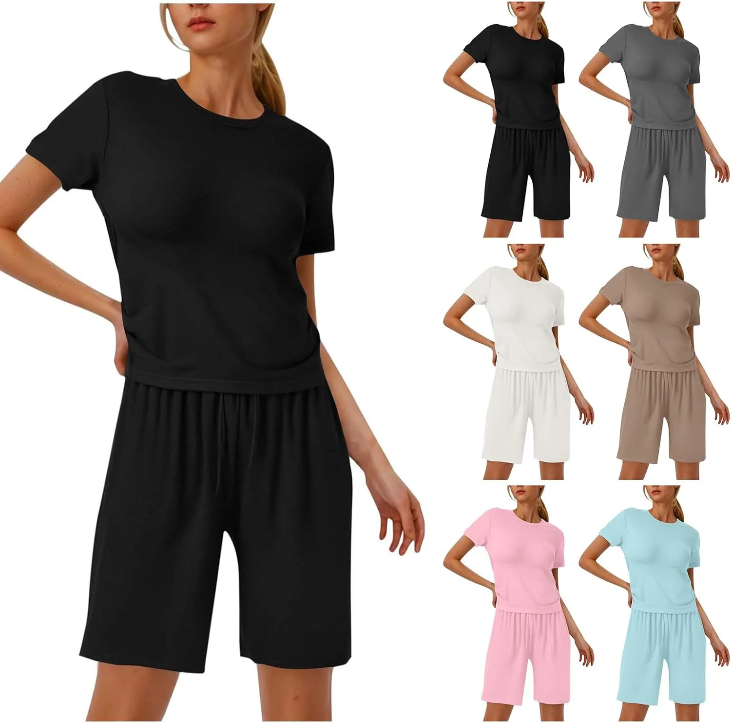 Kubbon 2 Piece Sets for Women Matching Lounge Set Short Sleeve Slim Fitted T Shirts and Shorts Tracksuit Vacation Outfits