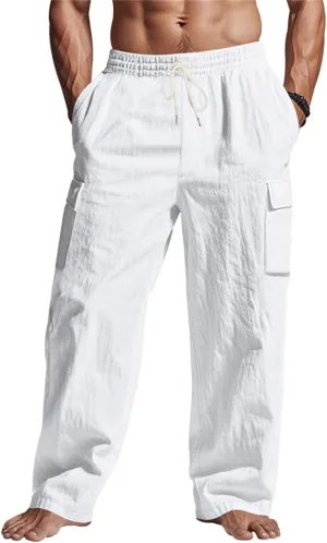 KUIOLYPOER Mens Linen Pants Loose Casual Straight Wide-Legged Thin Quick Dry Breathable Multi-Pocket Elastic Waist Trousers