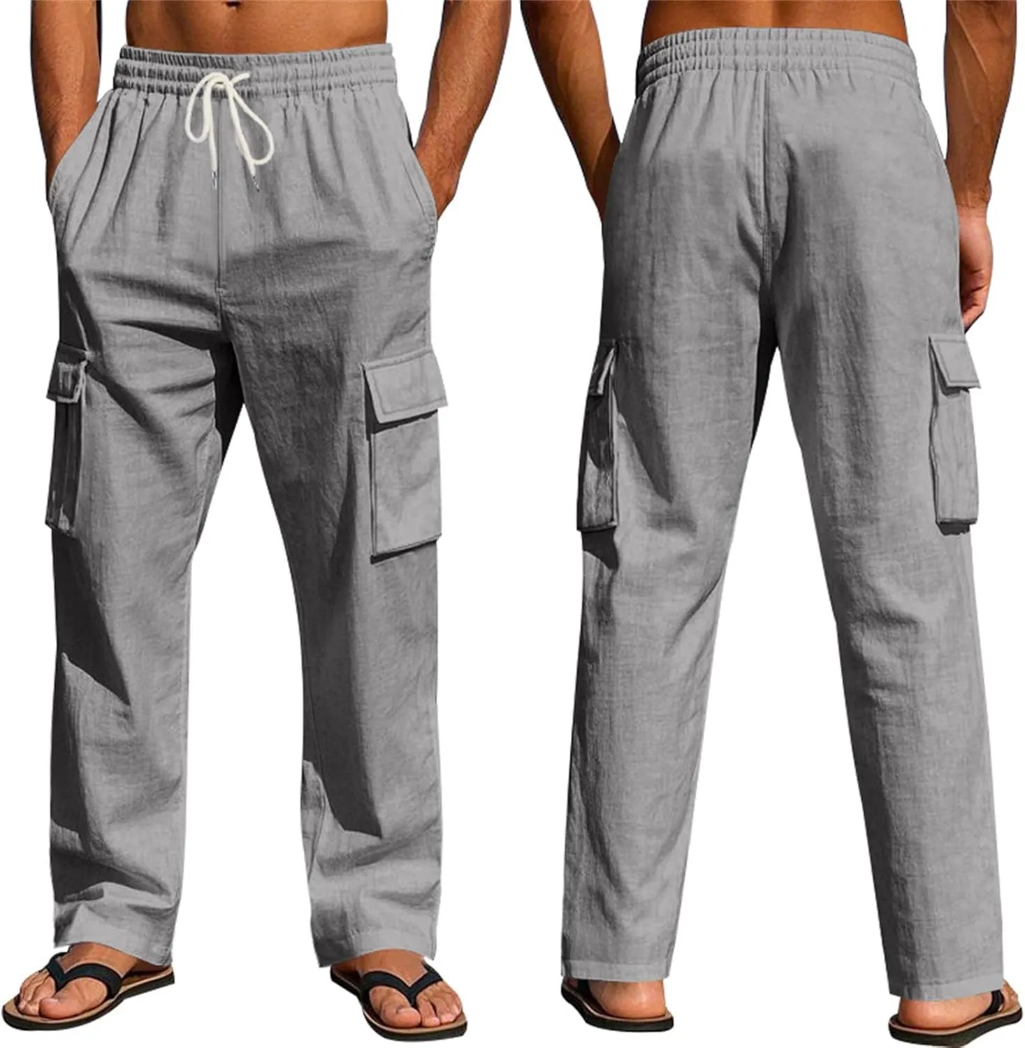 KUIOLYPOER Mens Linen Pants Loose Casual Straight Wide-Legged Thin Quick Dry Breathable Multi-Pocket Elastic Waist Trousers